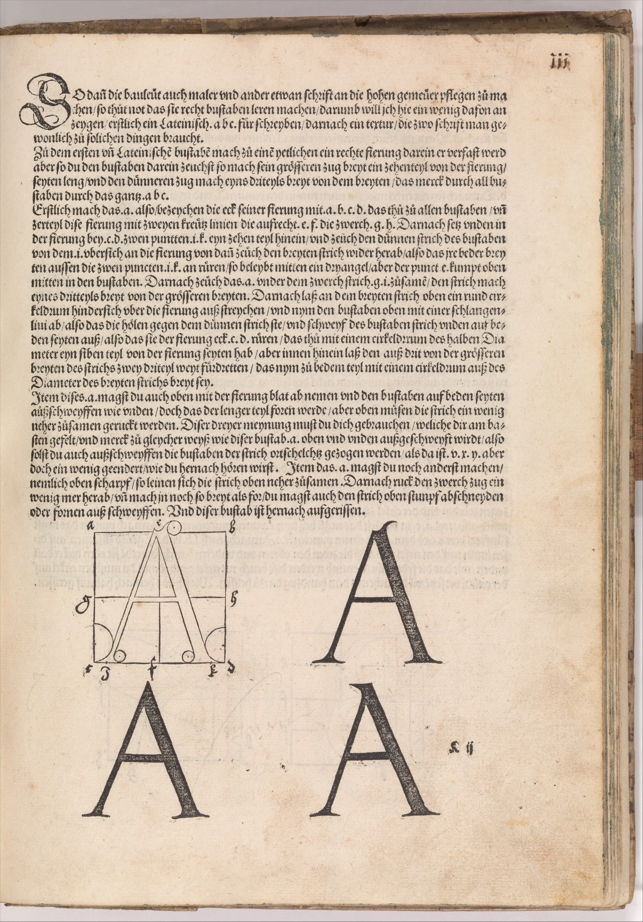 Albrecht Dürer woodcut page demonstrating geometric construction of letterforms with circles, rules, and completed forms